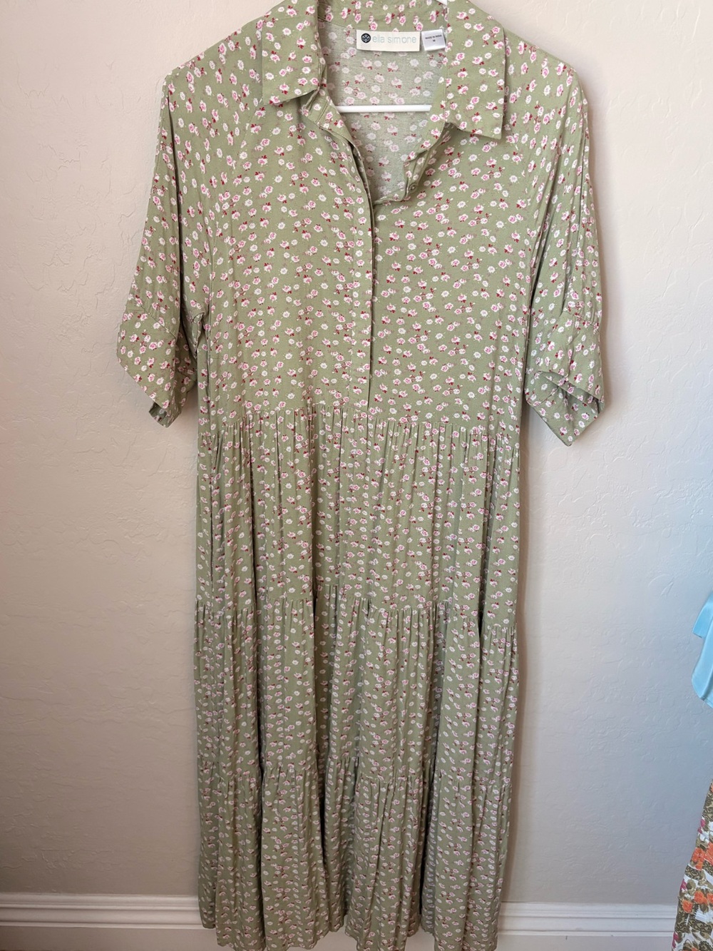 Ella Simone Olive Green Floral Tiered Shirt Dress